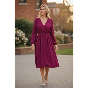 NWOT $145 Self Contrast Midi Dress burgundy Large